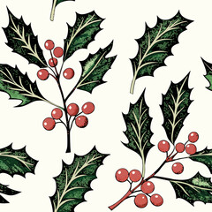 Vintage Holly Leaves and Berries:
Seamless vintage pattern with hand-drawn holly leaves and berries. Great for retro-inspired holiday decor, wrapping paper, and greeting cards.