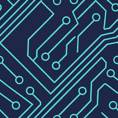 Seamless Neon Blue Circuit Board Pattern: A seamless repeating pattern of neon blue circuit board lines on a dark background, perfect for tech, cyberpunk, and futuristic digital design projects.