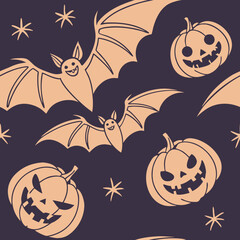 Halloween Pumpkins and Bats:
Fun seamless Halloween pattern with smiling bats, pumpkins, and stars on a deep purple background. Perfect for party invitations, spooky textiles, and autumn crafts.