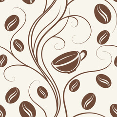 Elegant seamless pattern of coffee beans, cups, and swirling steam in warm brown tones. Ideal for cafe branding, packaging, menus, and kitchen decor.
