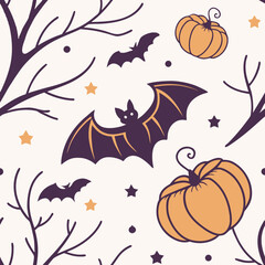 A whimsical and cute seamless Halloween pattern with bats, pumpkins, stars, and bare trees in purple and orange. Great for party invitations, wrapping paper, and kids’ Halloween crafts.