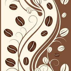 Coffee Beans and Steam Swirls: Elegant seamless pattern featuring coffee beans, swirling steam, and coffee cups in warm browns. Ideal for cafe branding, packaging, menu backgrounds, and kitchen decor.