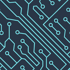 Seamless Tech Circuit Board Lines  Pattern:A seamless vector pattern featuring neon blue circuit board lines on a black background, ideal for high-tech, sci-fi, & cyberpunk-inspired digital projects.