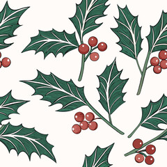 A classic seamless pattern of holly leaves and red berries in traditional colors, perfect for holiday gift wrap, textiles, greeting cards, and festive backgrounds.