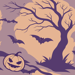 A seamless repeating Halloween night pattern with spooky bats, jack-o-lanterns, and twisted trees in purple and orange hues, perfect for Halloween party decor, backgrounds, and crafts.