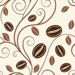 A seamless repeating pattern of brown coffee beans, swirling vines, and leaves on a cream background, perfect for coffee shops, kitchenware, textiles, and cafe branding.
