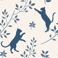 eamless Minimalist Cat Silhouette Pattern – Playful Modern Blue: minimalist pattern of playful blue cat silhouettes and botanical branches, perfect for modern home decor, textiles, and cat lover gifts