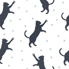 A seamless minimalist pattern of playful cat silhouettes with subtle dots, perfect for modern textiles, pet accessories, wallpapers, and creative home décor.