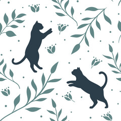 A seamless minimalist pattern of playful cat silhouettes with botanical leaves, bringing a modern yet natural aesthetic to textiles, wallpapers, and pet-themed designs.