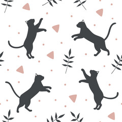 A seamless pattern of minimalist cat silhouettes with abstract geometric accents, ideal for modern home textiles, wallpapers, and playful pet-themed products.