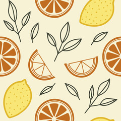 A seamless retro-inspired fruit pattern featuring lemons, orange slices, and leaves, perfect for kitchen textiles, summer products, and fresh, cheerful backgrounds.