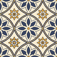 A seamless Moroccan tile pattern featuring blue, gold, and beige floral motifs, adding intricate, classic elegance to interiors, wallpapers, and luxury textile designs.