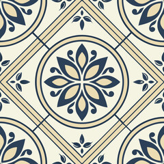 A seamless Moroccan tile pattern with intricate blue and beige circle floral motifs, ideal for stylish interiors, home decor, and Mediterranean-inspired wallpapers and textiles.