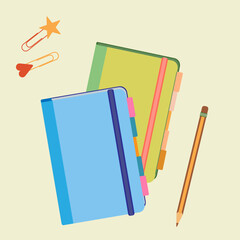 Notebooks, planner , pencil, decorative clips. For school, office illustrations.