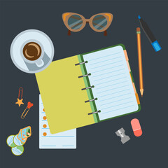 Planner, workspace with coffee cup, notebook, pencil, pen, eraser on dark background. For productivity and organization.