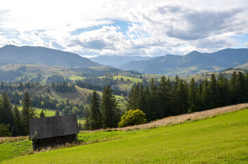 Peaceful mountain scenery featuring a wooden cabin, lush green hills, and tall pine trees with distant peaks and expansive skies. Carpathian Mountains, Ukraine