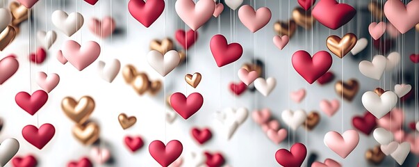 Love Valentine's background with pink falling hearts over white. Valentine's Day background with red and pink hearts on a white background, flat lay.