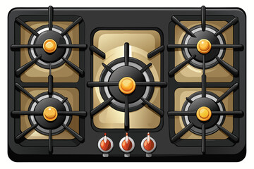 vector of Top view of a black glass gas stove with five burners and five beautiful gas control knobs on a white background