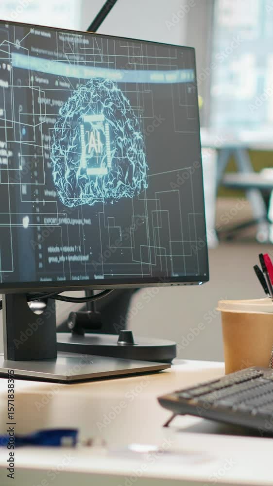 Fototapete vertical video pc in startup office used to design and implement algorithms enabling deep learning c