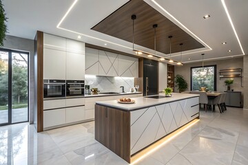 Modern Luxury Kitchen Design with Island, Wooden Accents, and LED Lighting