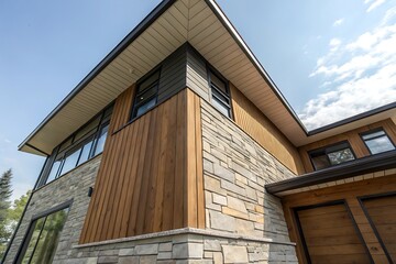 Modern House Exterior with Stone and Wood Siding, Large Windows, and Stylish Garage Door