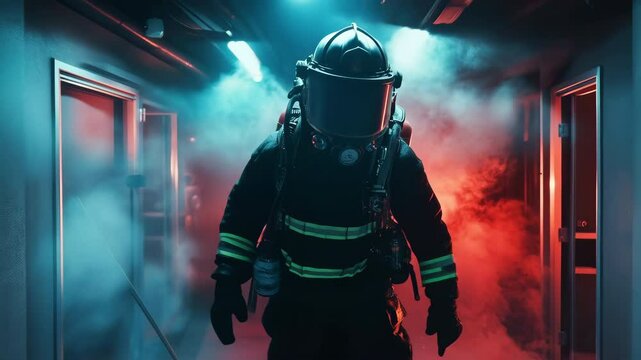 Firefighter in Action Amidst Smoke in a Dimly Lit Corridor During an Emergency Training Exercise. Generative AI