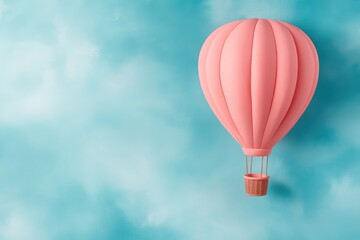 Fototapeta premium Watercolor painting of pink hot air balloon flying across blue sky dotted with clouds, copy space 