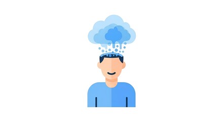 Creative thinking is shown with a person and cloud above the head, symbolizing ideas, thought process, and imaginative concepts.