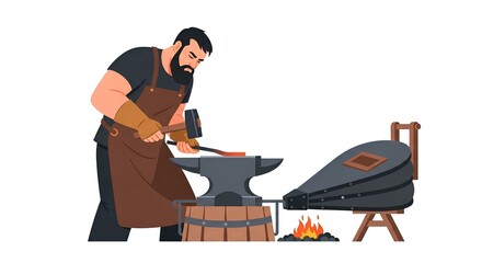 Blacksmith working with hammer and anvil in a workshop shows traditional metal forging creating ironwork and other metal objects with craft tools.