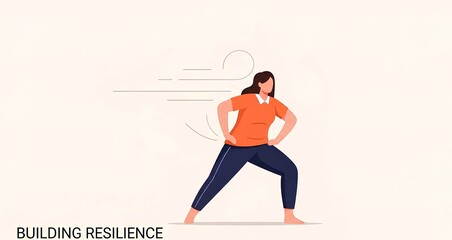 A determined woman demonstrating mental strength and resilience with an illustration showing wind against her, promoting wellness and positivity.