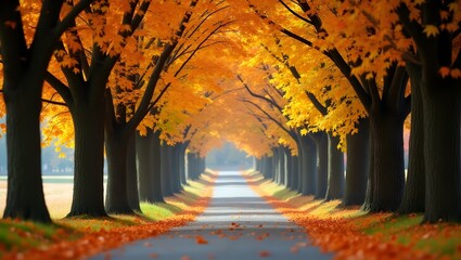 Leaves turning orange and yellow on tree-lined road, early autumn vibes with soft natural light 