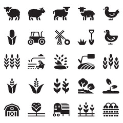 Collection of black silhouette icons representing various aspects of agriculture including farm animals crops machinery and buildings on a white background