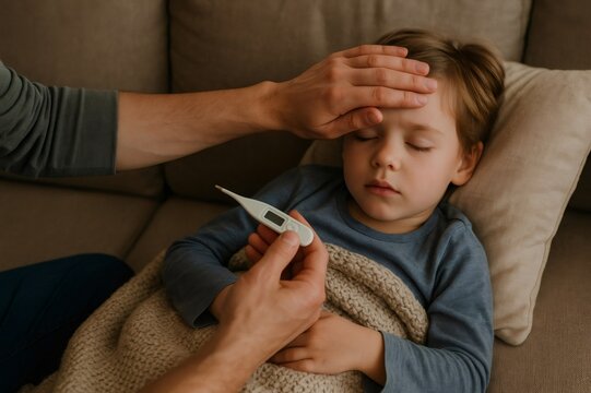 Parent caring for a sick child resting on the sofa, checking temperature with a thermometer, providing love and support during illness - Powered by Adobe