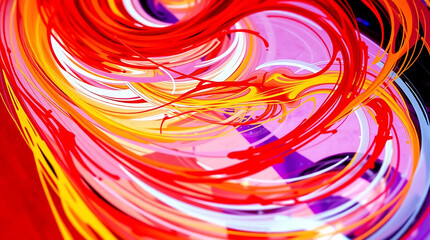A vibrant abstract swirl of red, yellow, white, and pink creates a dynamic and colorful design