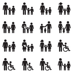 Diverse family units and individuals including those with disabilities represented by black silhouette pictograms on a white background