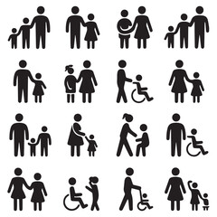 Collection of black silhouette pictograms depicting families parents children and individuals in wheelchairs on a white background representing diverse family structures and accessibility