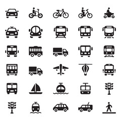 A comprehensive collection of black transportation icons on a white background showcasing various modes of travel including cars buses trains airplanes boats and more