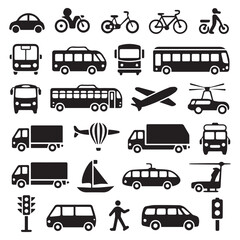 Collection of black transportation icons including cars buses motorcycles bicycles airplanes helicopters trucks boats hot air balloons and traffic signals on a white background
