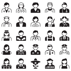 Collection of diverse profession icons representing various occupations and careers including medical staff service workers and professionals in a clean modern flat design style
