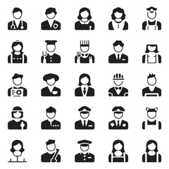 Collection of diverse professional people icons featuring medical staff chef construction worker business people and service personnel in a clean vector style