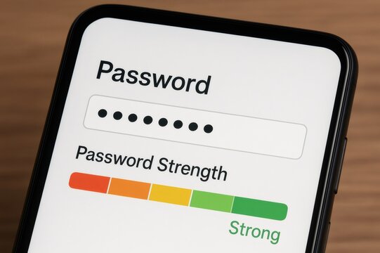 Smartphone displaying strong password and strength meter, enhancing online security and data protection