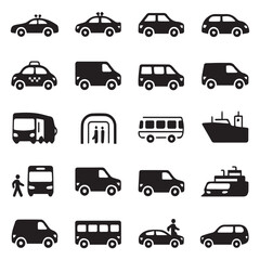 A collection of black silhouette icons representing various modes of transportation including cars taxis buses vans a subway entrance and ships on a white background