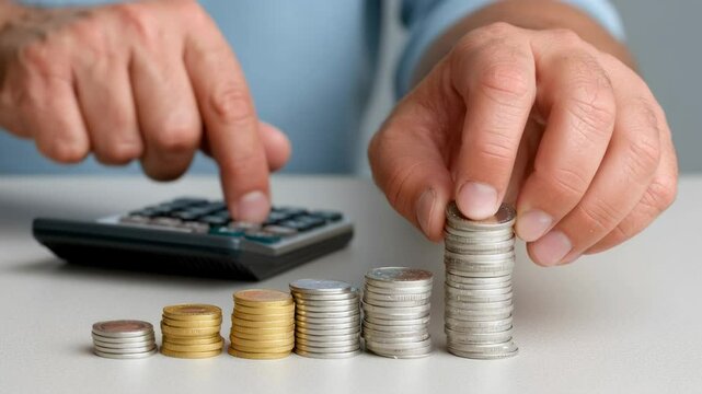 World economy in crisis, A hand is stacking coins in ascending order next to a calculator on a white table, symbolizing money management or financial planning.