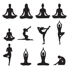 Collection of diverse black silhouettes of people practicing various yoga poses and meditative stances on a white background