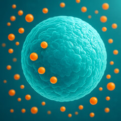Microscopic view of teal cell with orange molecules