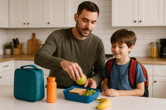 Father packs a nutritious lunch for his son in a modern kitchen, emphasizing healthy eating habits and quality family time before school