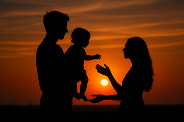 Silhouetted family with baby at sunset in warm golden light