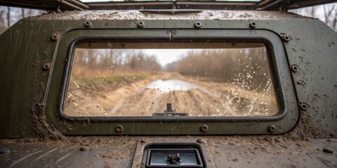 Muddy trail explored from inside off-road vehicle during cloudy weather