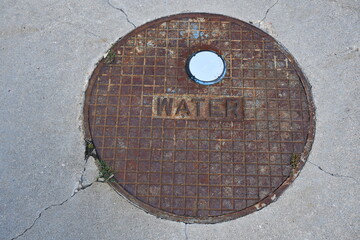 Manhole for water utility access. Water stamped in the cast iron. Cracked cement around manhole.