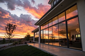 Stunning Modern Home with Expansive Windows Reflecting Vibrant Sunset Colors